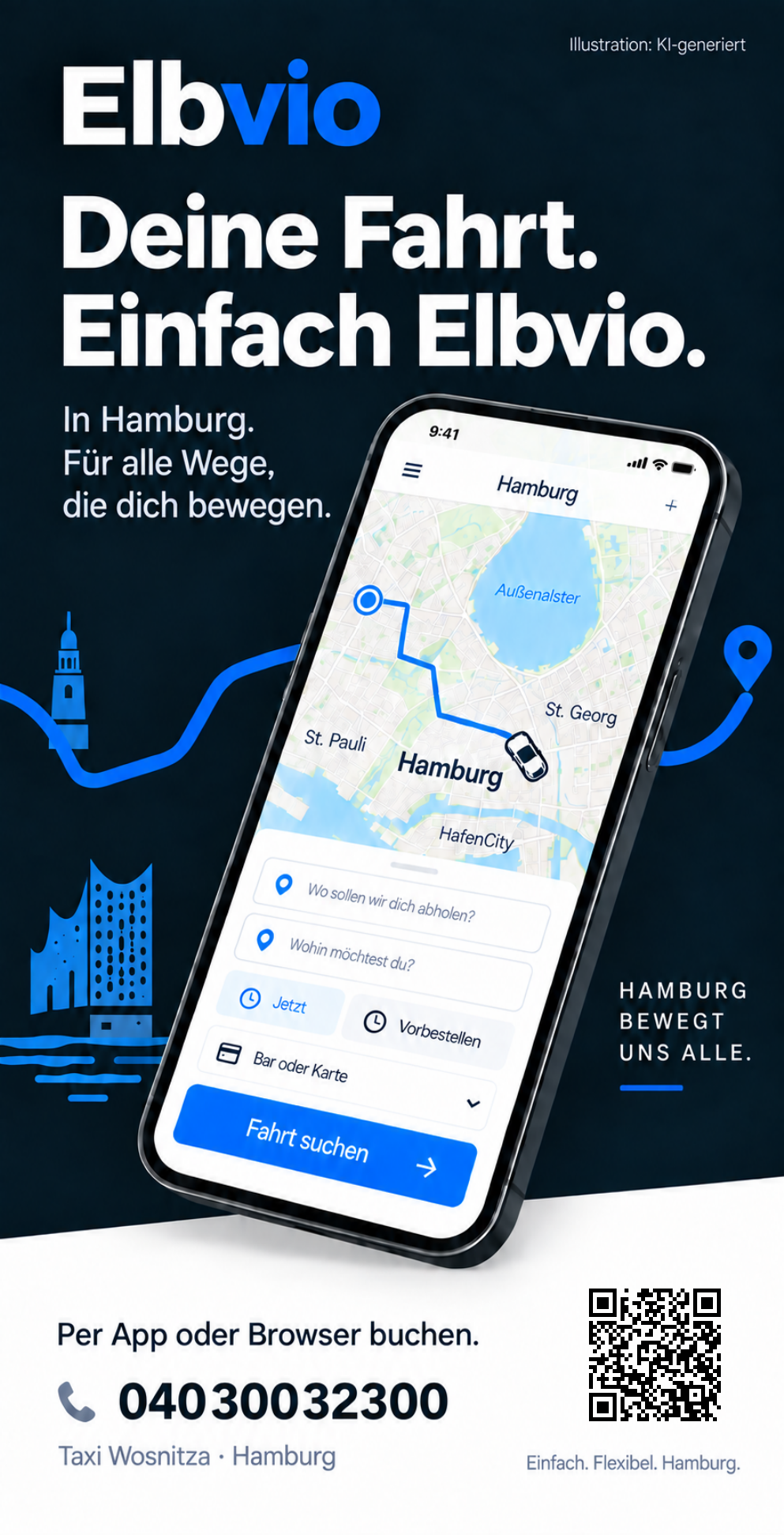 Elbvio-Flyer mit Smartphone und Hamburger Skyline